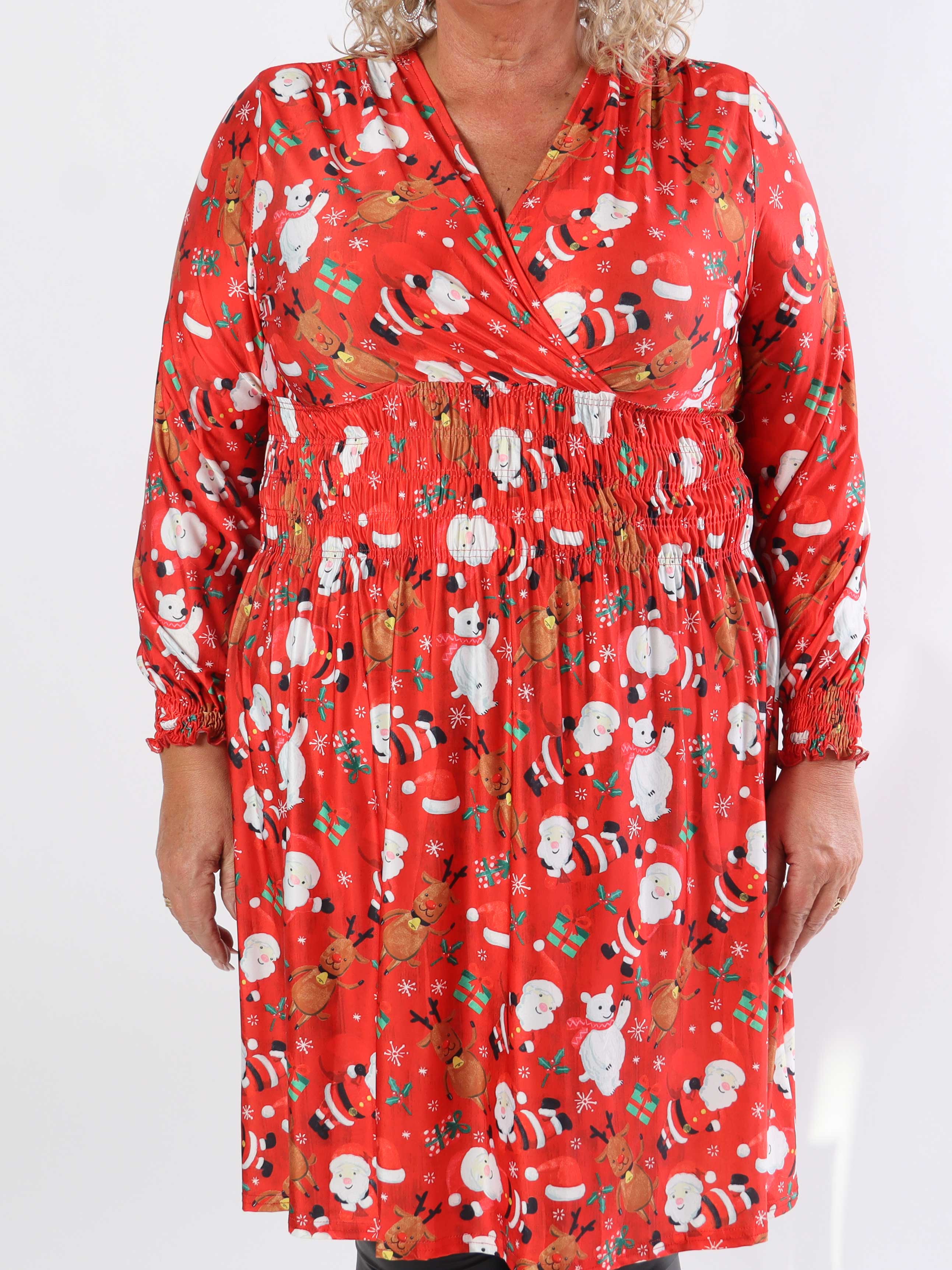 Pams Christmas Short L/S - Elastisk plus size kjole med juleprint